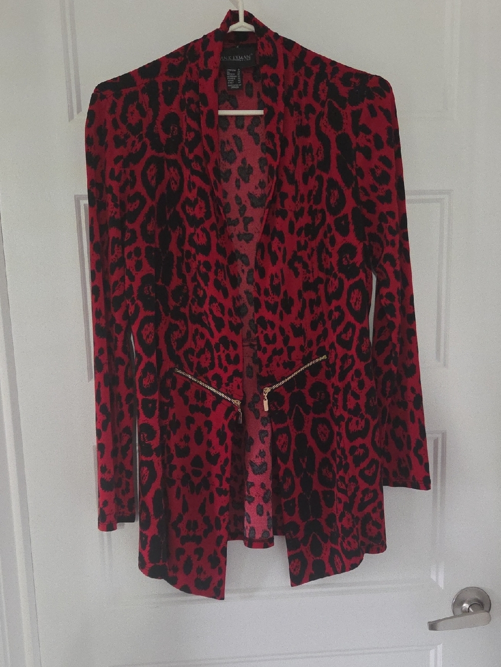 Frank Lyman Design Red and Black Leopard Print Open Blazer